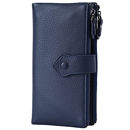 Bveyzi Women Soft Leather RFID Blocking Bifold Slim Wallets Ladies Credit Card Holder Double Zipper Pocket(Deep Blue) - Image 1