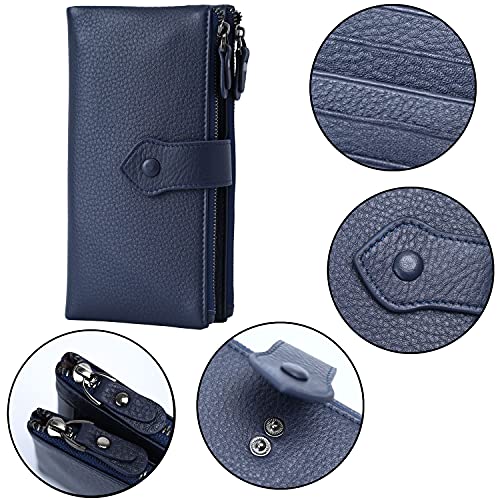 Bveyzi Women Soft Leather RFID Blocking Bifold Slim Wallets Ladies Credit Card Holder Double Zipper Pocket(Deep Blue) - Image 3