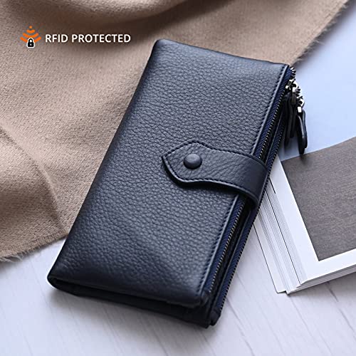 Bveyzi Women Soft Leather RFID Blocking Bifold Slim Wallets Ladies Credit Card Holder Double Zipper Pocket(Deep Blue) - Image 4