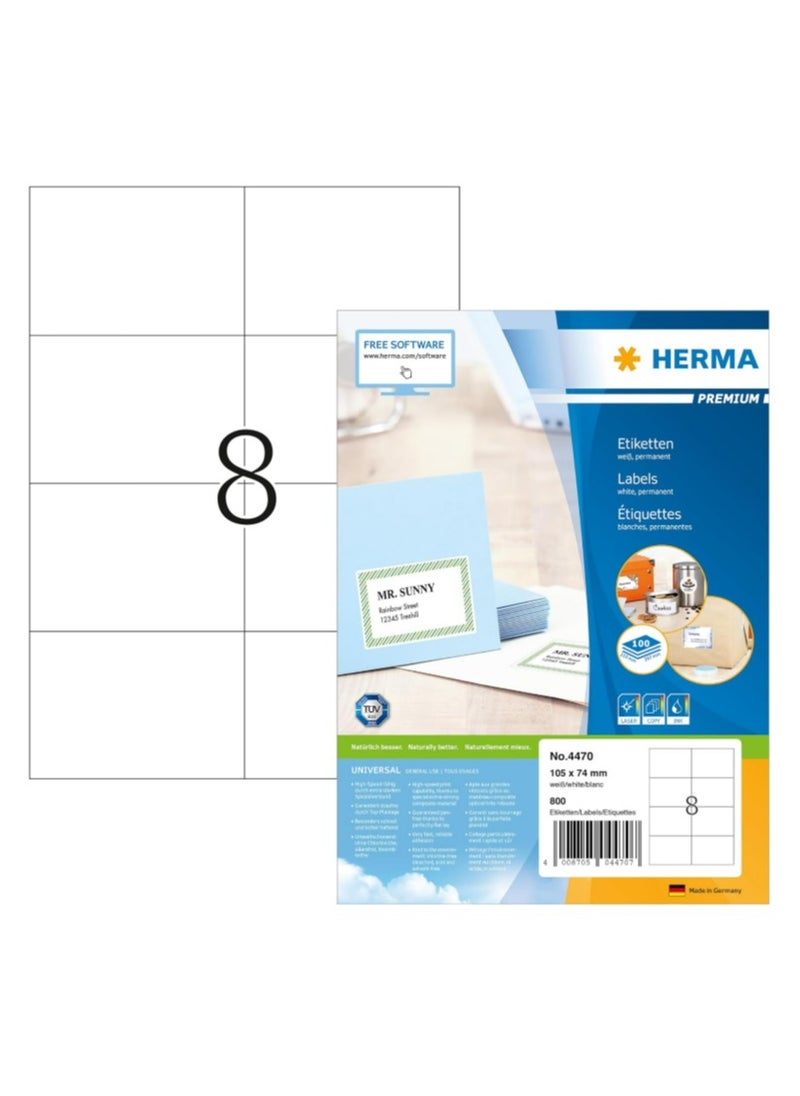 Herma Herma Multipurpose Self-Adhesive Labels, 8 Labels Per Sheet A4, 800 Labels for Laser and Inkjet Printers, Large Size, 105 x 74mm  - Image 1