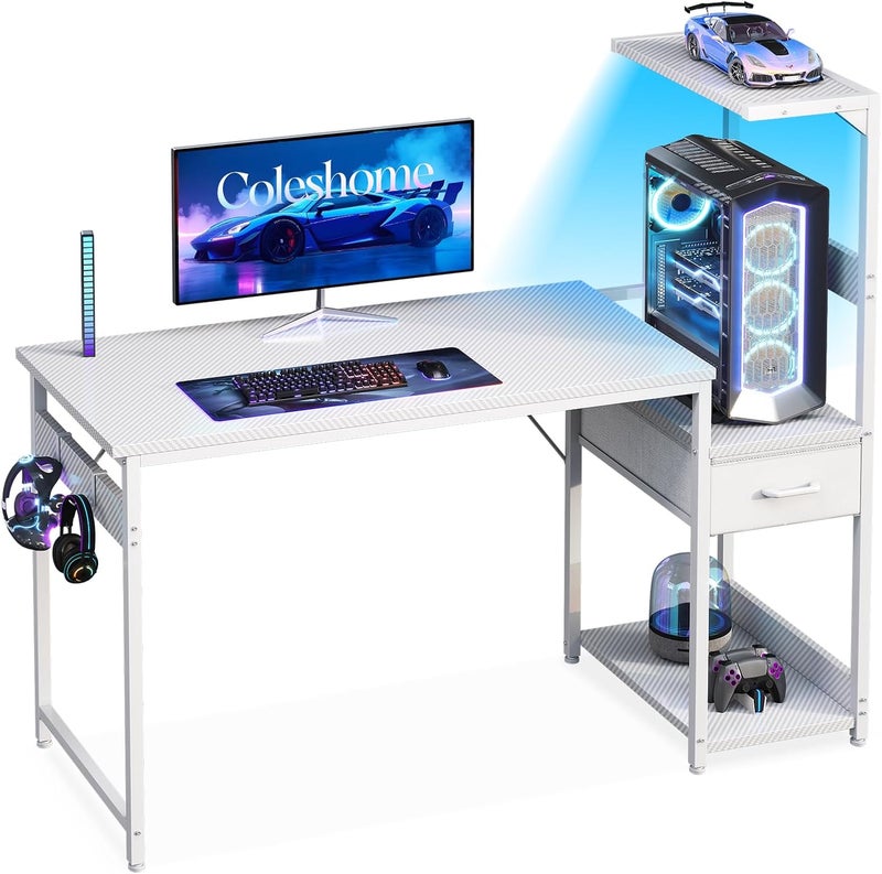 Coleshome 120×48 cm Gaming Desk with LED Lights, Reversible Computer Desk with Drawers & Display Shelves, Gaming Table with Headphone Hook, Carbon Fiber White - Image 1