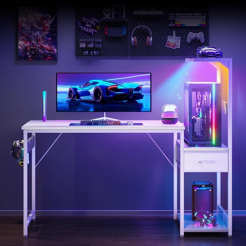 Coleshome 120×48 cm Gaming Desk with LED Lights, Reversible Computer Desk with Drawers & Display Shelves, Gaming Table with Headphone Hook, Carbon Fiber White - Image 4