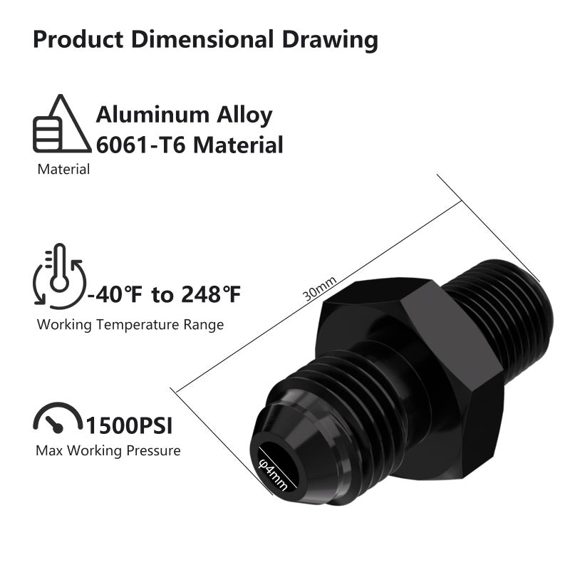 APIELE 4AN Male Flare to 18 NPT Black Aluminium Straight Fitting Adapter 2PCS STL4AN18NPT - Image 4