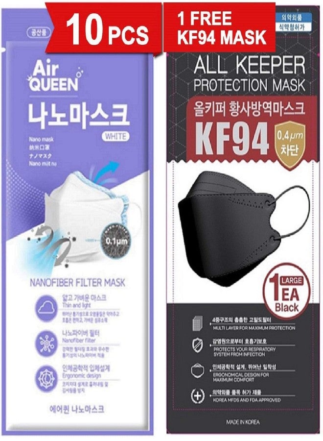 AIRQUEEN [عبوة من 10 قطع] [Air Queen] قناع وجه أبيض ثلاثي الطبقات للبالغين + 1 قناع أسود All Keeper KF94 [مغلف بشكل فردي] [كلاهما صنع في كوريا] - Image 1