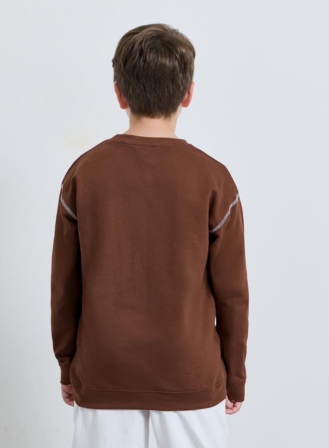 Styli Teen Boys Brown Contrast Stitching Kangaroo Pocket Oversized Sweatshirt - Image 4