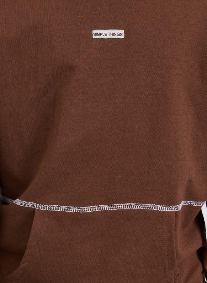 Styli Teen Boys Brown Contrast Stitching Kangaroo Pocket Oversized Sweatshirt - Image 3