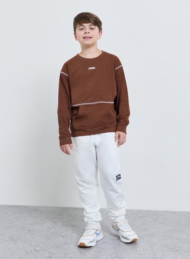Styli Teen Boys Brown Contrast Stitching Kangaroo Pocket Oversized Sweatshirt - Image 2