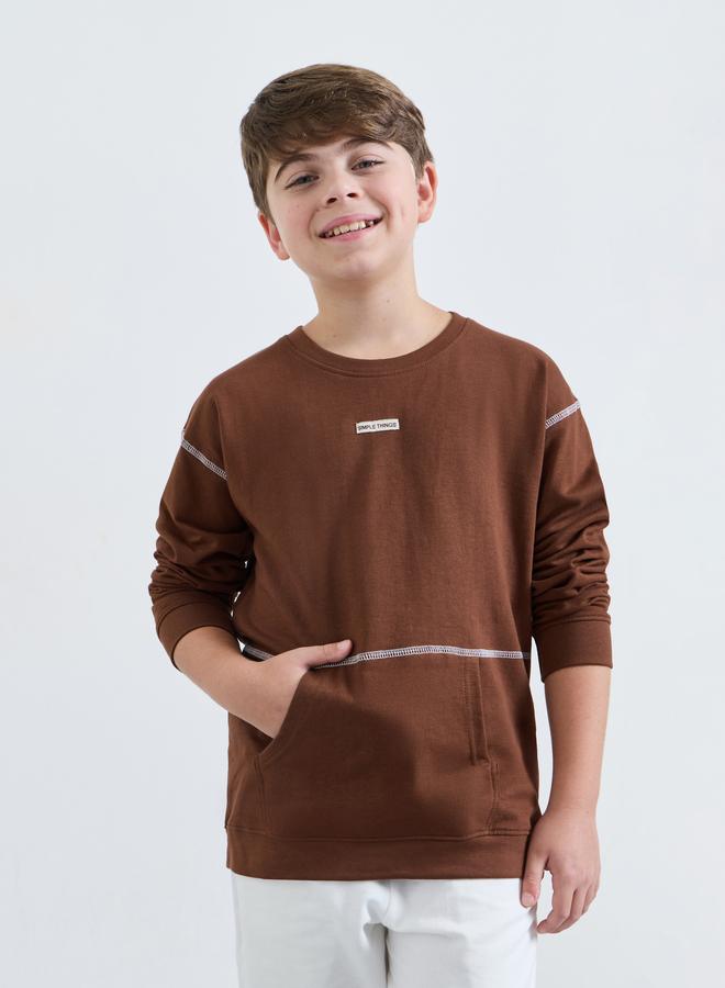 Styli Teen Boys Brown Contrast Stitching Kangaroo Pocket Oversized Sweatshirt - Image 1