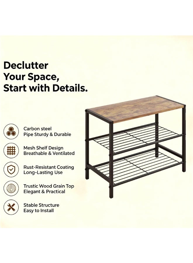BLOOMING TIME 2-Tier Shoe Rack with1 Piece Wood Top Board, Freestanding Entryway Shoe Storage Organizer, Metal Grid Shoe Shelf for Hallway Bedroom Closet, Space Saving Shoe Holder for Sneakers Slippers Flats - Image 3