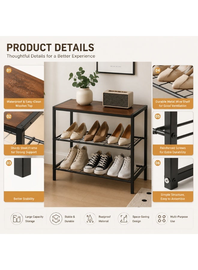 BLOOMING TIME 2-Tier Shoe Rack with1 Piece Wood Top Board, Freestanding Entryway Shoe Storage Organizer, Metal Grid Shoe Shelf for Hallway Bedroom Closet, Space Saving Shoe Holder for Sneakers Slippers Flats - Image 4