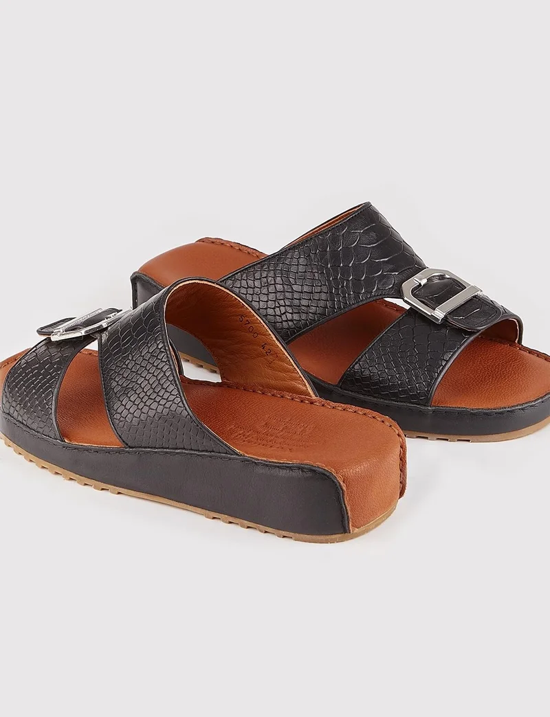 كاباني Genuine Leather Double Striped Black Men's Slippers