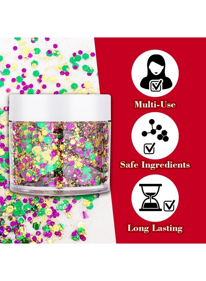 بامينفي بريق وجه بامينيفاي ماردي غرا، جل لامع للجسم بلون أخضر وأرجواني وذهبي مختلط، بريق ماردي غرا، ترتر المهرجانات للوجه والجسم، ديكورات كرنفال نيو أورلينز المزخرفة - Image 2