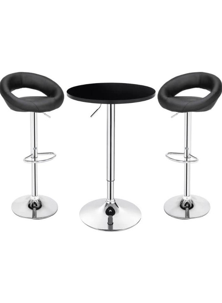AL WADI FURNITURE مجموعة طاولات بار دائرية قابلة للتعديل من AWF AL WADI FURNITURE مكونة من 3 قطع من خشب MDF مع 2 كرسي بار دائري لطاولة الحانة والمطبخ والمنزل وكراسي بار من الجلد الصناعي مع مسند للقدمين ودوران 360 درجة مثالية للمساحات الصغيرة، باللون الأسود  - Image 1