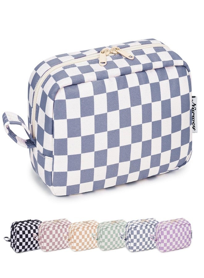 Narwey Checkered Makeup Bag Travel Cosmetic Bag Organizer Small Toiletry Bag Make Up Bags with Organzied Pockets for Women (Grayish Blue Checkerboard, Large) - Image 1