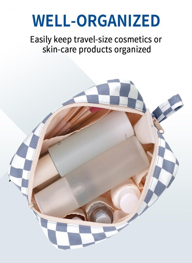 Narwey Checkered Makeup Bag Travel Cosmetic Bag Organizer Small Toiletry Bag Make Up Bags with Organzied Pockets for Women (Grayish Blue Checkerboard, Large) - Image 3