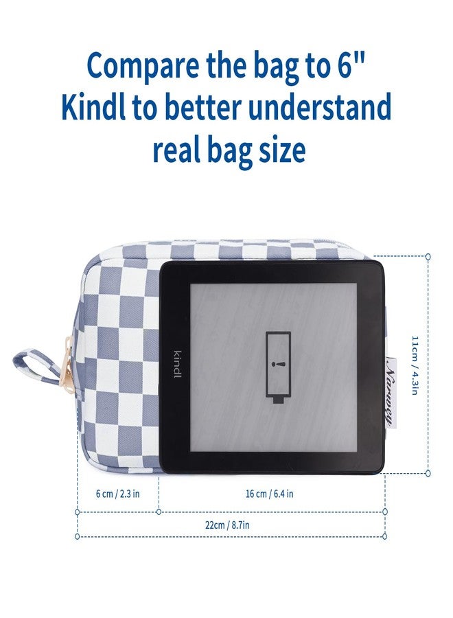 Narwey Checkered Makeup Bag Travel Cosmetic Bag Organizer Small Toiletry Bag Make Up Bags with Organzied Pockets for Women (Grayish Blue Checkerboard, Large) - Image 4