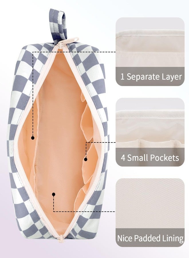 Narwey Checkered Makeup Bag Travel Cosmetic Bag Organizer Small Toiletry Bag Make Up Bags with Organzied Pockets for Women (Grayish Blue Checkerboard, Large) - Image 5