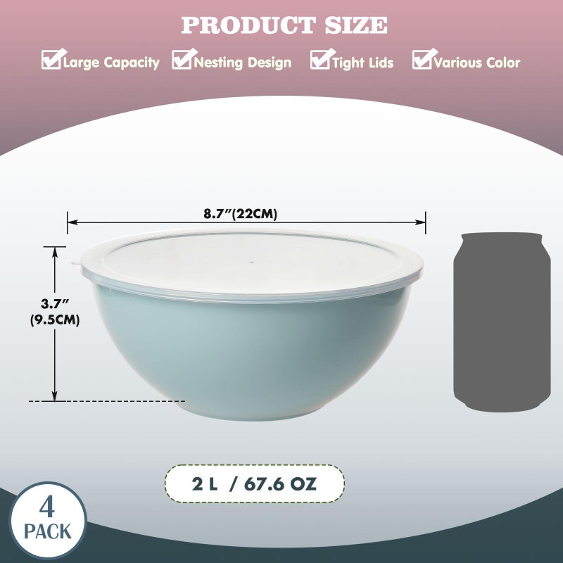 Greentainer 4-Piece Plastic Mixing Bowl Set with Lids for Kitchen, 67oz Lightweight Storage Bowls, Large Salad Bowls for Baking, Prepping, Cooking and Serving Food, Dishwasher & Microwave Safe - Image 2
