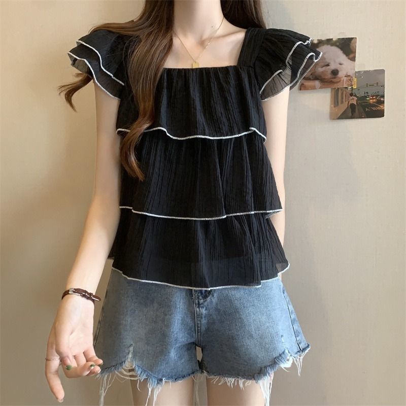 Short-Sleeved Chiffon Shirt For Women, Summer Fashion New Style, Square-Neck Ruffled Baby Doll Shirt, Belly-Covering Short Flying Sleeve Top - Image 3