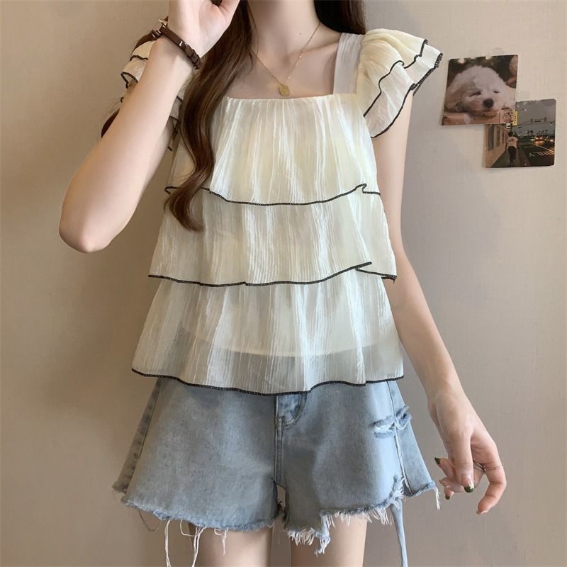 Short-Sleeved Chiffon Shirt For Women, Summer Fashion New Style, Square-Neck Ruffled Baby Doll Shirt, Belly-Covering Short Flying Sleeve Top - Image 4