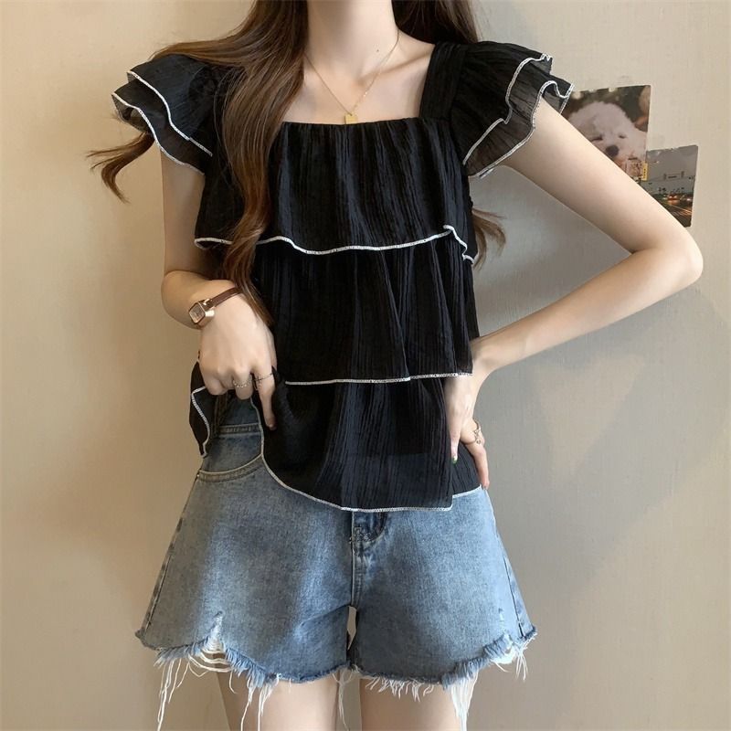 Short-Sleeved Chiffon Shirt For Women, Summer Fashion New Style, Square-Neck Ruffled Baby Doll Shirt, Belly-Covering Short Flying Sleeve Top - Image 5