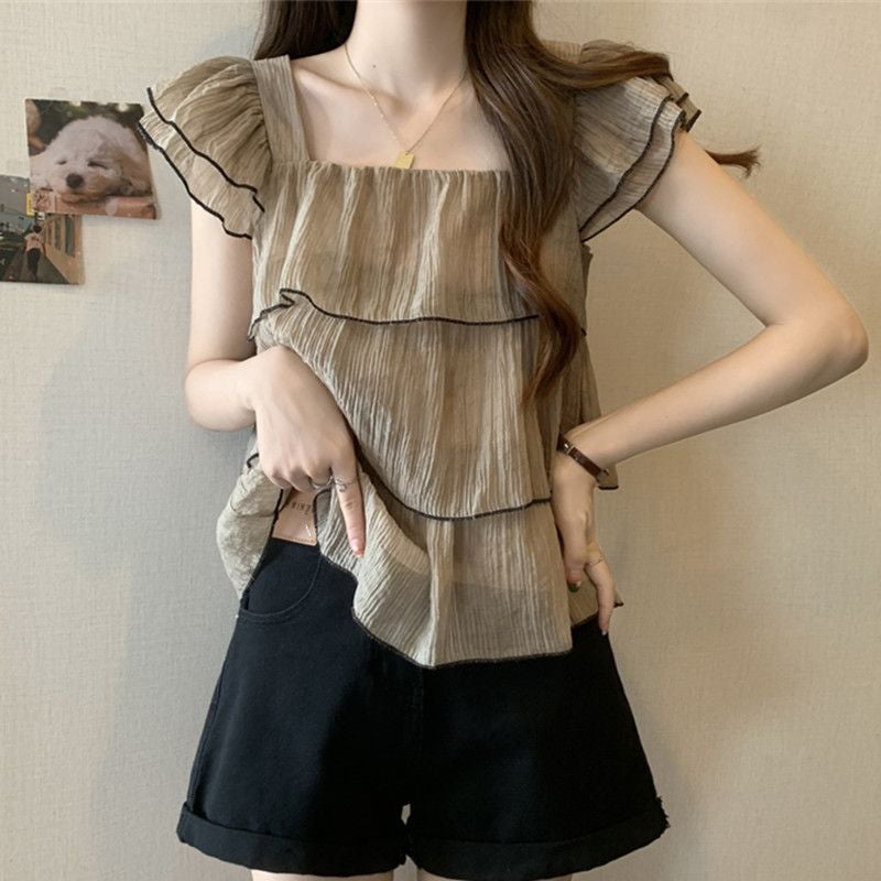 Short-Sleeved Chiffon Shirt For Women, Summer Fashion New Style, Square-Neck Ruffled Baby Doll Shirt, Belly-Covering Short Flying Sleeve Top - Image 1