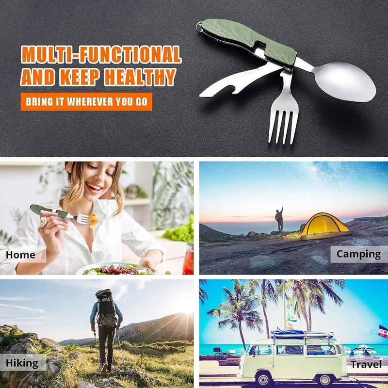 HIKENTURE Camping Utensils 2 Pack, 4-In-1 Stainless Steel Spoon Fork Knife Set Backpacking Travel Cutlery Metal Multitool Boy Scout(Green 2pack) - Image 5