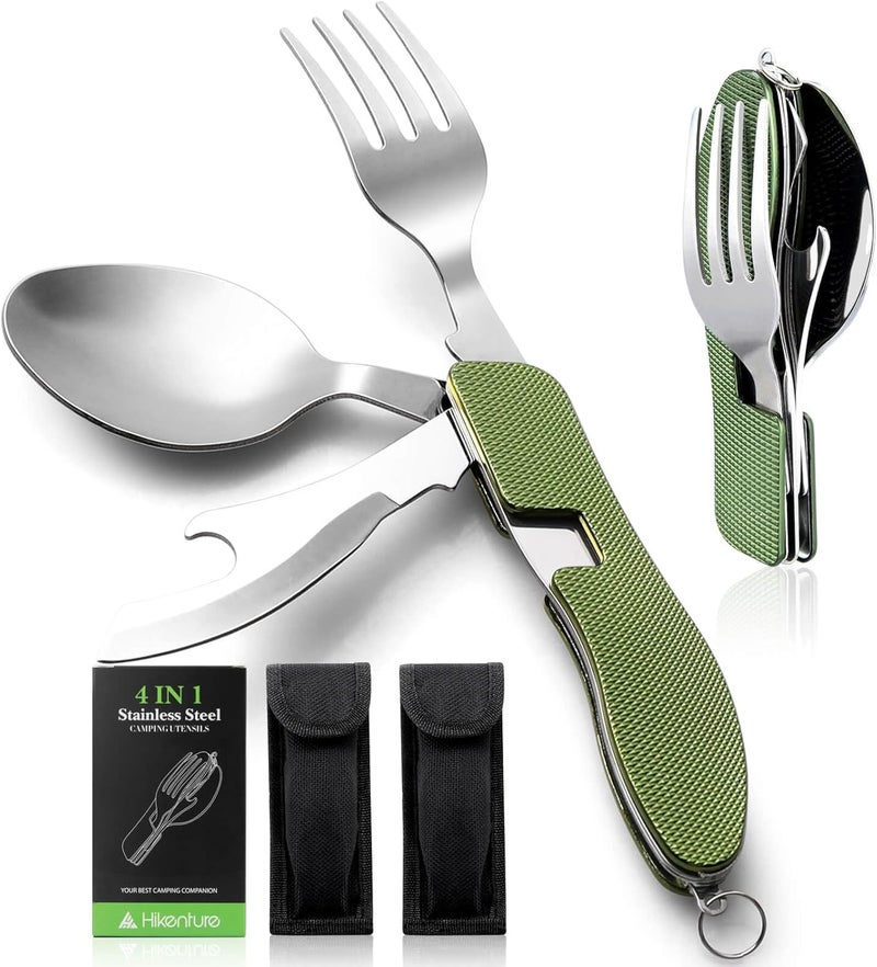 HIKENTURE Camping Utensils 2 Pack, 4-In-1 Stainless Steel Spoon Fork Knife Set Backpacking Travel Cutlery Metal Multitool Boy Scout(Green 2pack) - Image 1