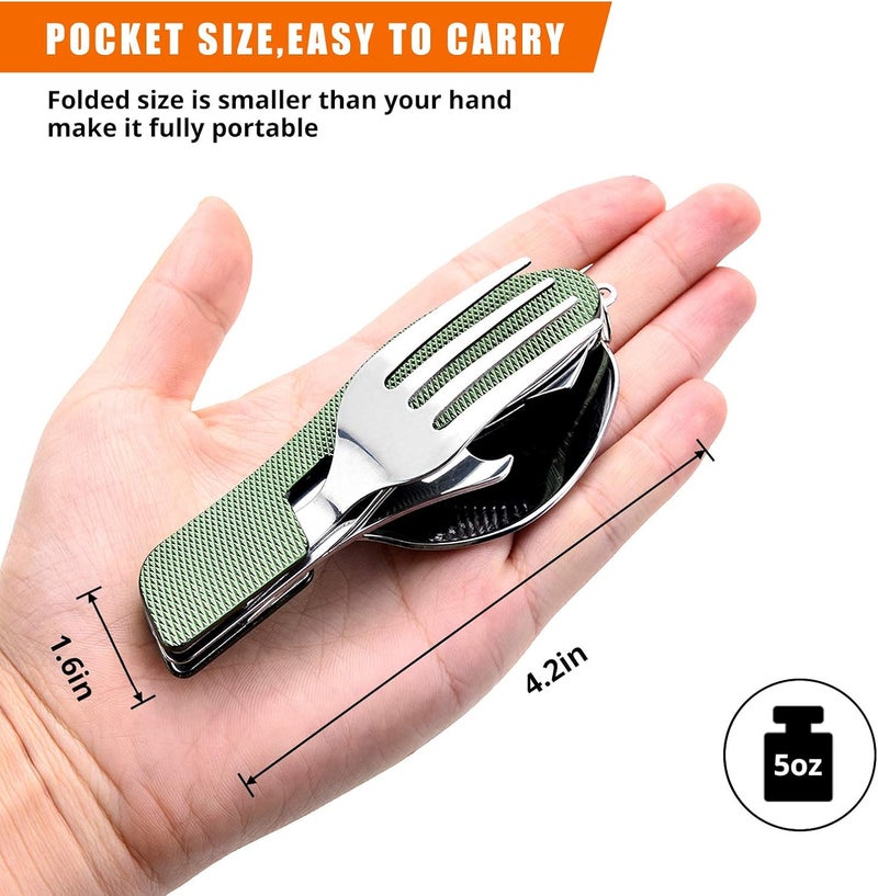 HIKENTURE Camping Utensils 2 Pack, 4-In-1 Stainless Steel Spoon Fork Knife Set Backpacking Travel Cutlery Metal Multitool Boy Scout(Green 2pack) - Image 4