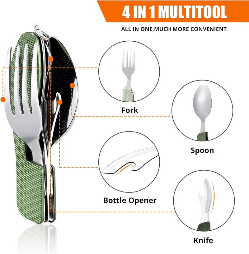 HIKENTURE Camping Utensils 2 Pack, 4-In-1 Stainless Steel Spoon Fork Knife Set Backpacking Travel Cutlery Metal Multitool Boy Scout(Green 2pack) - Image 3