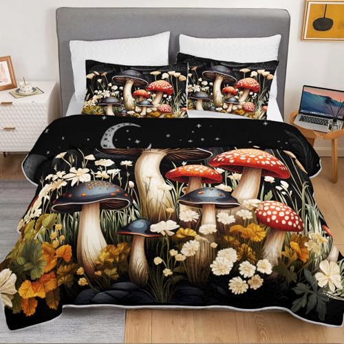 HOSIMA Mushroom King Quilt Bedding Set,Different Colorful Patterns Lightweight Quilt,Natural Flowers Print Mushroom Bedding Set for Aesthetic Bedroom Decor with 2 Pillowcases. - Image 3