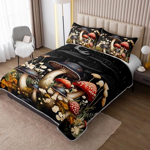 HOSIMA Mushroom King Quilt Bedding Set,Different Colorful Patterns Lightweight Quilt,Natural Flowers Print Mushroom Bedding Set for Aesthetic Bedroom Decor with 2 Pillowcases. - Image 2