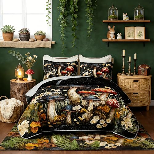 HOSIMA Mushroom King Quilt Bedding Set,Different Colorful Patterns Lightweight Quilt,Natural Flowers Print Mushroom Bedding Set for Aesthetic Bedroom Decor with 2 Pillowcases. - Image 1