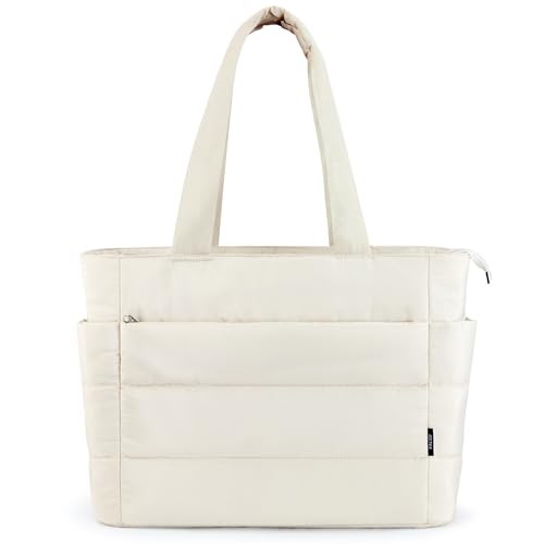 KALIDI Quilted Tote Bag, Carryall Puffer Shoulder Bag Padded Travel Large Anti Splash Zipper Casual Work Gym Women, Creamy White - Image 1
