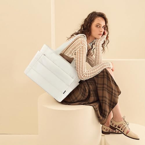 KALIDI Quilted Tote Bag, Carryall Puffer Shoulder Bag Padded Travel Large Anti Splash Zipper Casual Work Gym Women, Creamy White - Image 4