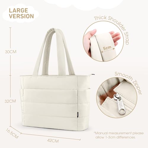 KALIDI Quilted Tote Bag, Carryall Puffer Shoulder Bag Padded Travel Large Anti Splash Zipper Casual Work Gym Women, Creamy White - Image 5