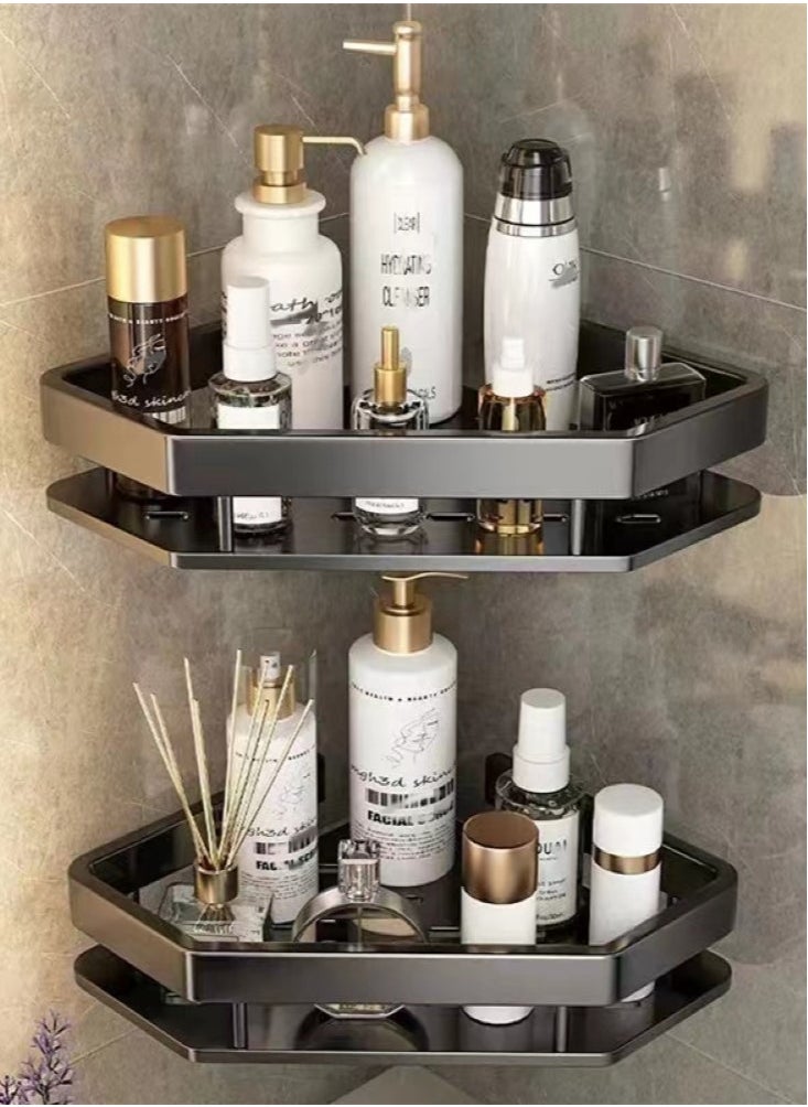 Kutis 2-Pieces Bathroom Shelf Shower Shampoo Soap Organizer Wall Mounts Storage Rack Aluminium Alloy Black 33x25x5 Centimeter  - Image 1