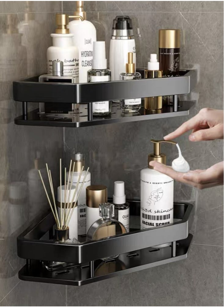 Kutis 2-Pieces Bathroom Shelf Shower Shampoo Soap Organizer Wall Mounts Storage Rack Aluminium Alloy Black 33x25x5 Centimeter  - Image 3