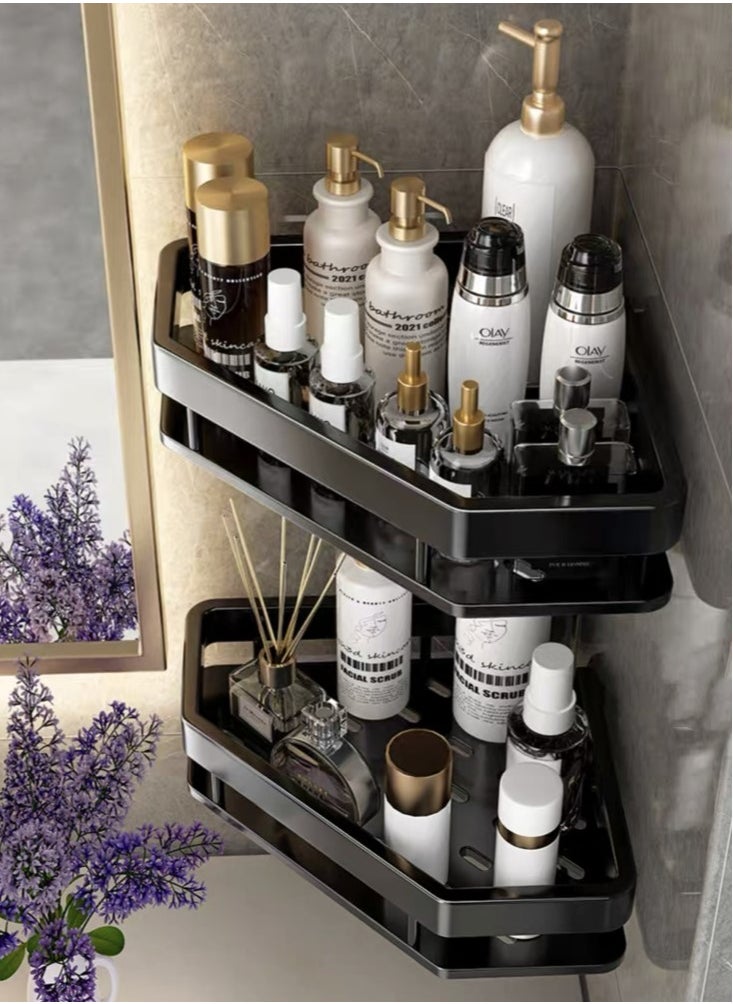 Kutis 2-Pieces Bathroom Shelf Shower Shampoo Soap Organizer Wall Mounts Storage Rack Aluminium Alloy Black 33x25x5 Centimeter  - Image 2