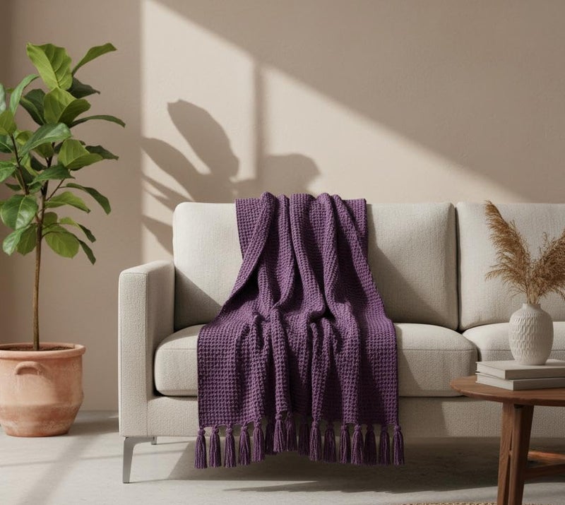 Subtlespreads Waffle Weave 100% Cotton Sofa Throw Blanket | 50x60 Inches | Soft, Breathable, Lightweight Couch Throw for Bed, Travel, Boho Home Decor 15+ Colors (Wine) - Image 1