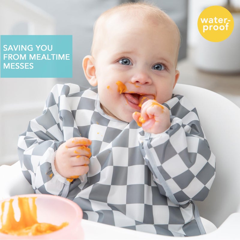 Bumkins Sleeved Bib for Girl or Boy, Baby and Toddler for 6-24 Mos, Essential Must Have for Eating, Feeding, Baby-Led Weaning Supplies, Long Sleeve Mess Saving Food Catcher, Fabric, Gray Check - Image 2