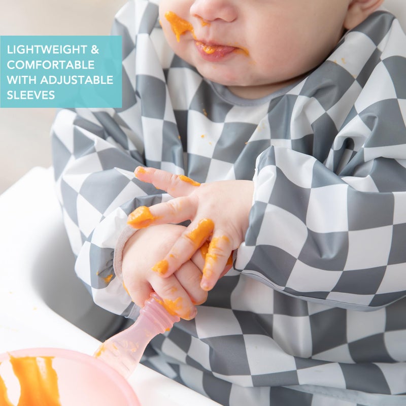 Bumkins Sleeved Bib for Girl or Boy, Baby and Toddler for 6-24 Mos, Essential Must Have for Eating, Feeding, Baby-Led Weaning Supplies, Long Sleeve Mess Saving Food Catcher, Fabric, Gray Check - Image 4