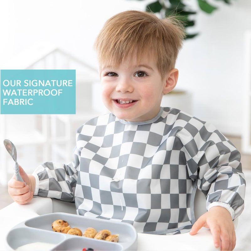 Bumkins Sleeved Bib for Girl or Boy, Baby and Toddler for 6-24 Mos, Essential Must Have for Eating, Feeding, Baby-Led Weaning Supplies, Long Sleeve Mess Saving Food Catcher, Fabric, Gray Check - Image 3
