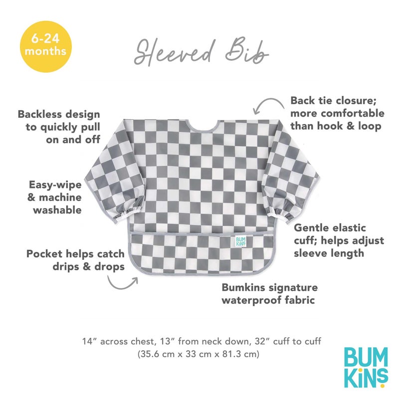 Bumkins Sleeved Bib for Girl or Boy, Baby and Toddler for 6-24 Mos, Essential Must Have for Eating, Feeding, Baby-Led Weaning Supplies, Long Sleeve Mess Saving Food Catcher, Fabric, Gray Check - Image 5