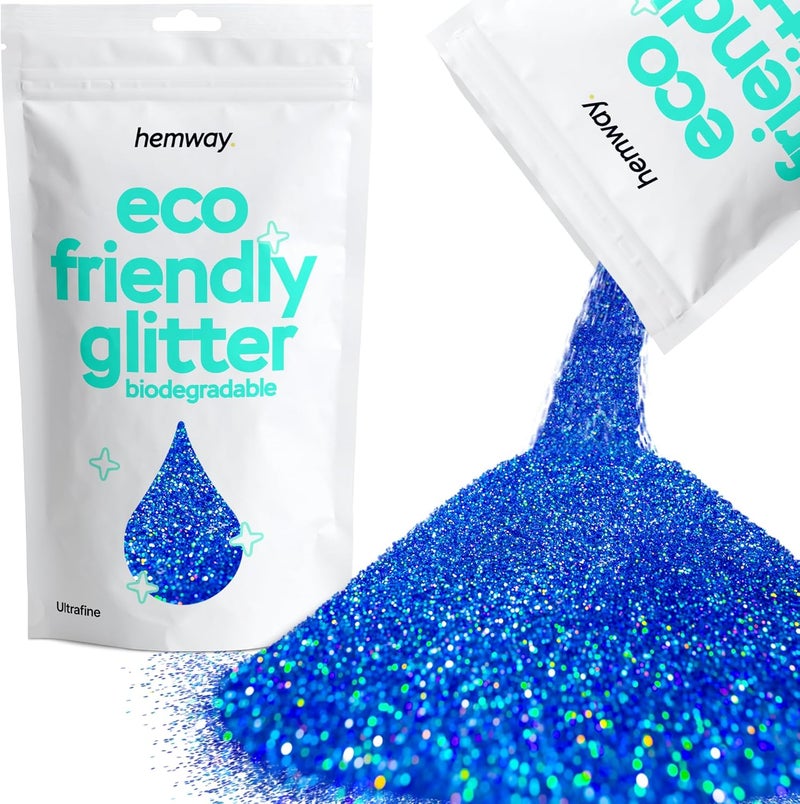 Hemway Eco Friendly Biodegradable Glitter 100g / 3.5oz Bio Cosmetic Safe Sparkle Vegan for Face, Eyeshadow, Body, Hair, Nail and Festival - Ultrafine (1/128" 0.008" 0.2mm) - Sapphire Blue Holographic