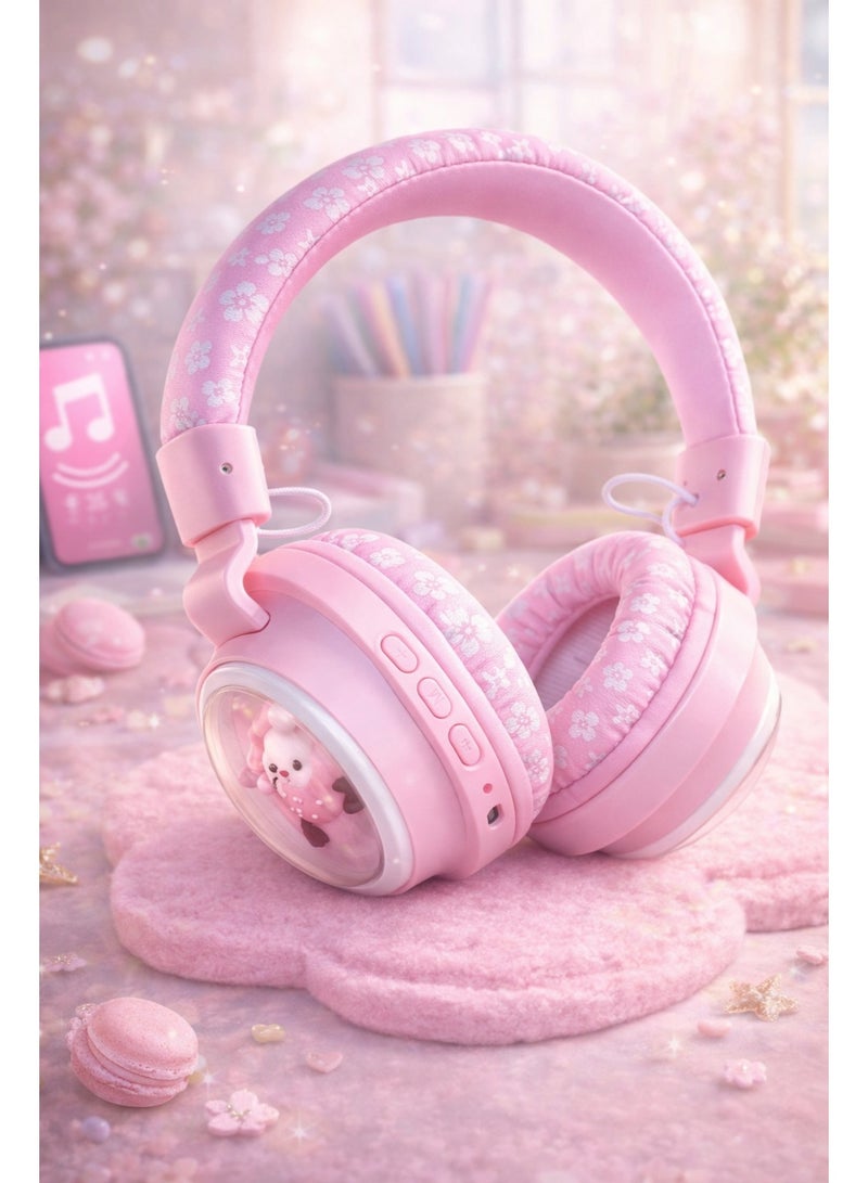 Cute Pink Wireless Headphones for Kids & Teens – Soft Floral Cushioned Over-Ear Bluetooth Headset, Adjustable Headband, Safe Volume, Foldable Design for Study, Travel & Gifting - Image 1
