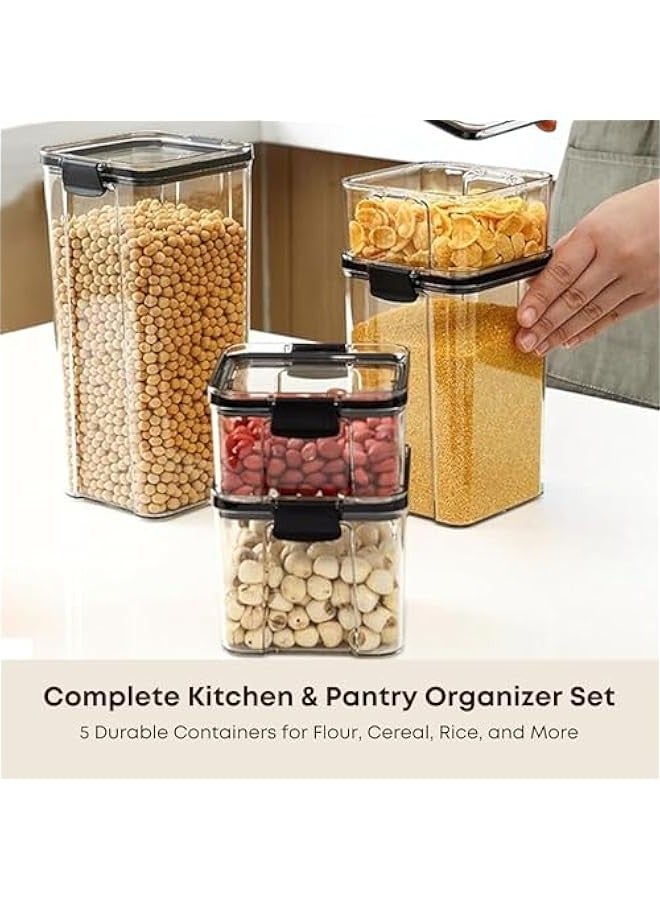 بيوينتي 5 مجموعة من حاويات الأغذية مع غطاء  علبة مربعة  منظم مطبخ ومخزن للحبوب والدقيق والسكر والأرز وغيرها من السلع الجافة  متين وموفر مساحة - Image 2