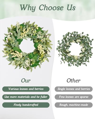 Vlorart 22 Inch Artificial Spring Summer Christmas Greenery Wreaths for Front Door Green Eucalyptus Leaf Wreath Decor Boxwood with Big Berries for Outside Year Round - Image 5