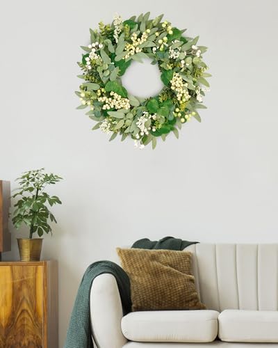 Vlorart 22 Inch Artificial Spring Summer Christmas Greenery Wreaths for Front Door Green Eucalyptus Leaf Wreath Decor Boxwood with Big Berries for Outside Year Round - Image 2