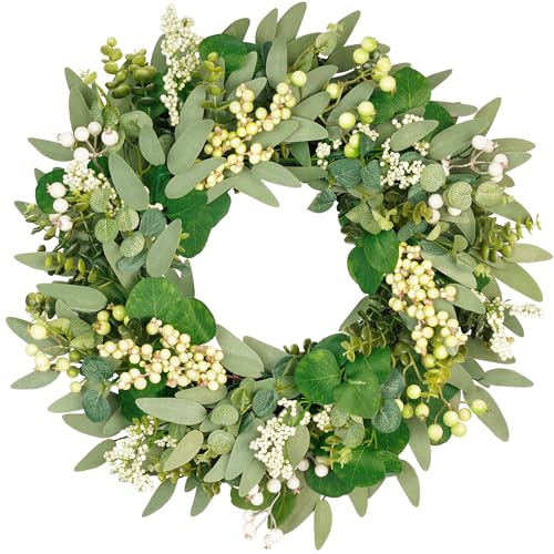 Vlorart 22 Inch Artificial Spring Summer Christmas Greenery Wreaths for Front Door Green Eucalyptus Leaf Wreath Decor Boxwood with Big Berries for Outside Year Round - Image 1